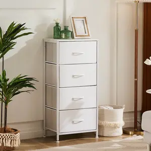 4-Drawer Fabric Nightstand with Wood Top, Small Bedside Table with Storage for Bedroom, Nursery, Dorm, Metal Frame