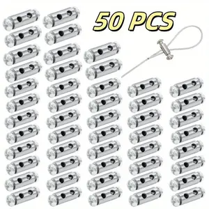 50Pcs/Set Reusable Wire Rope Cable Clamp,M4 Double Hole with Screw Stopper,Shaped Cable Clamps for 1-2.5mm Wire Rope Cable,Replacement for Aluminum Crimping Loop Sleeve,Halloween Christmas Party Gifts,Hand Tools Kits