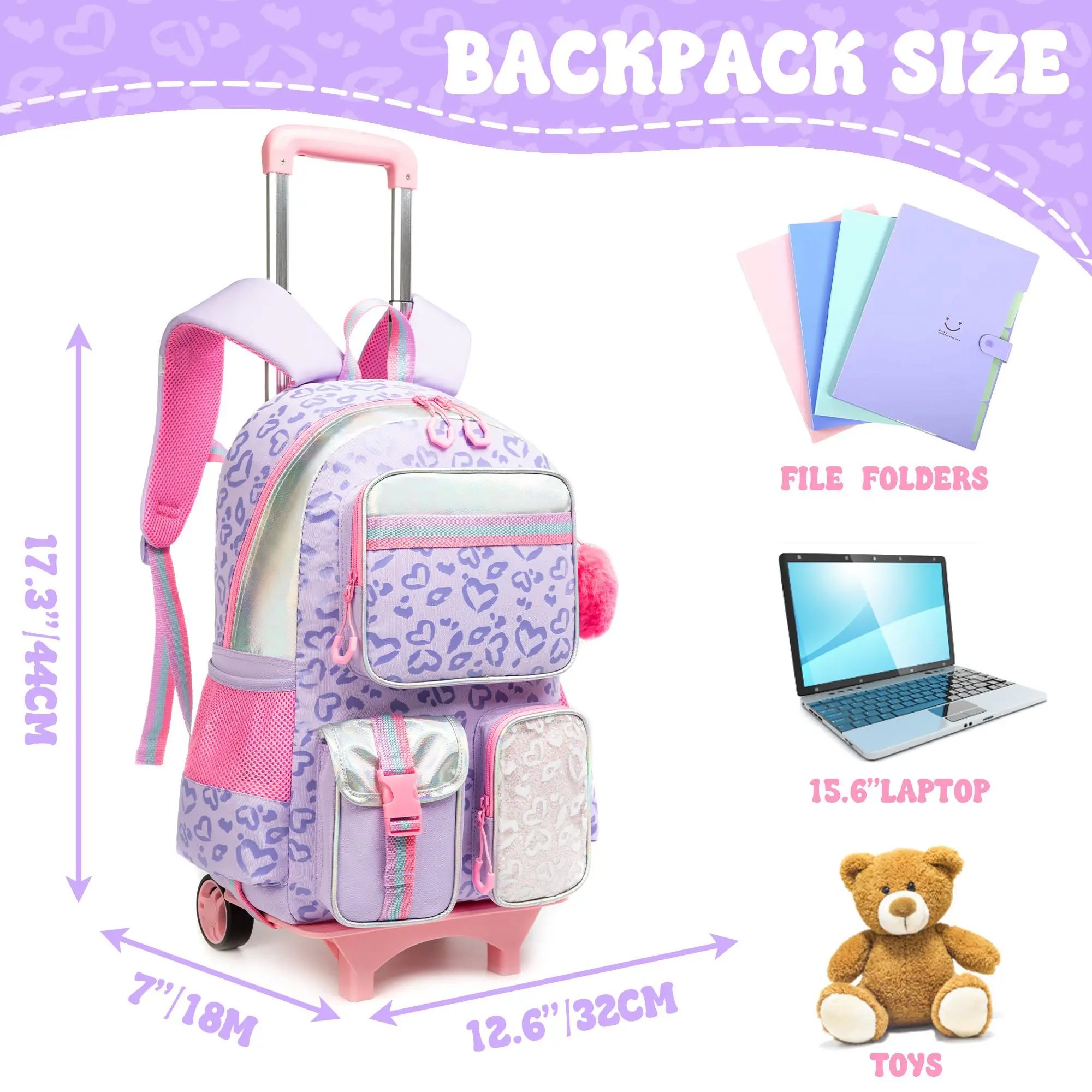 Girls Rolling Backpack for Back to School Haul - Kids Style 2-in-1 Kid Safe School Bag with Detachable Double Wheels, Metal Buckle, Holographic & Glitter Zip Pockets, Fits 15.6-Inch Laptops, Chic, Kid Safe Backpacks