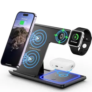 Portable Wireless Charging Station for Apple Devices & Android, Foldable Fast Charging Base, 15W, 3 in 1 Charging for iPhone iWatch and Airpods, Android
