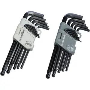 Basic Hex Wrench Set, Long Handle, Ball End, Metric & Standard Sizes, Steel, 9-Piece Kit with Storage Box, Hardware Tools