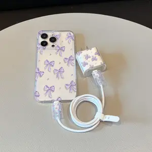 5 Piece Set Transparent Polka Dot Bow Phone Case, Charger Head Cover, Cable Protector, Storage Rope, Anti-Drop Tpu Case for iPhone