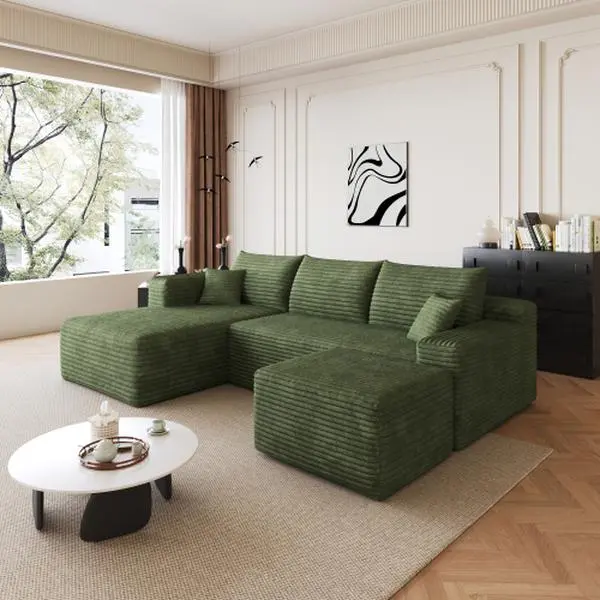 No Assembly Cloud Sectional Sofa with Ottoman, 95" Modern Corduroy U Shaped Couch, Deep Seat Sofa for Apartment Living Room