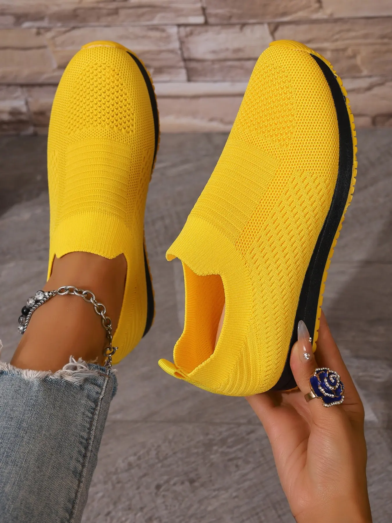 Flyknit Mesh Slip-On Round Toe Wedge Casual Fashion Shoes, Breathable Soft Rubber Sole Daily Commute All-Season Versatile Sports Shoes Casual Wear Shoes, Casual Trendy Shoes