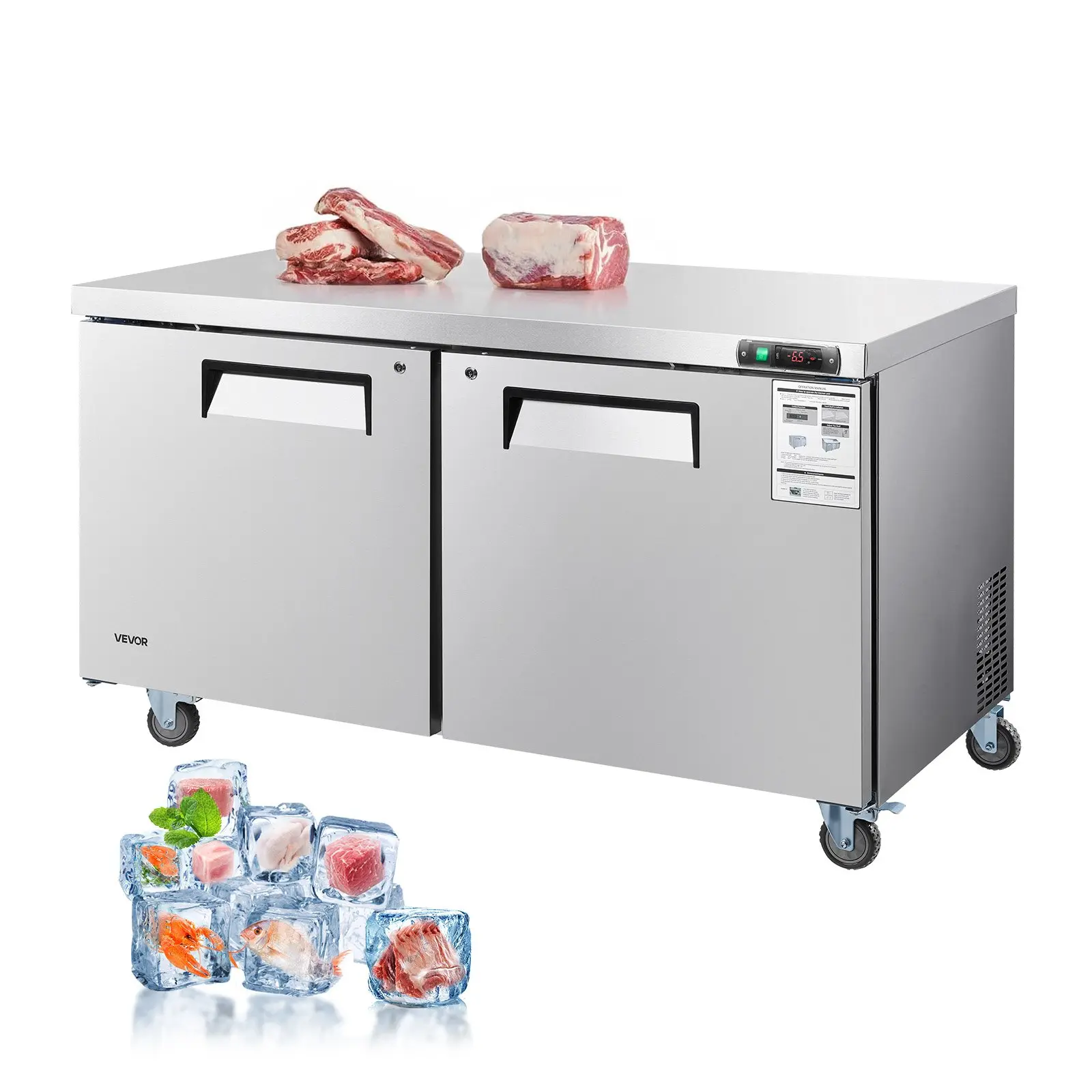 VEVOR 60 W Commercial Freezer, 14.8 Cu. Ft Worktop Freezers Undercounter with LED Auto Lighting and Lockable Door, 2 Doors Food Freezing Prep Worktable, Stainless Steel Prep Frozen Table with Casters