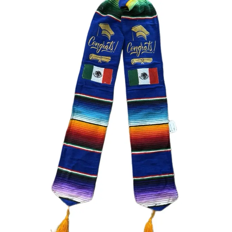 Kids Graduation Sash with Cultural Embroidered Flags, Blue Color, Traditional Design, Includes Ribbon, Perfect for Special Occasions