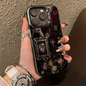 Vintage Red Element Rose Heart Hand Vintage Pattern Suitable for TPU for iPhone16PROMAX Mobile Phone Case Cover iPhone15PROMAX/14/16PLUS/15/13P/12/11/7/70P/X/XR/XSMAX Anti-fall Color Silvery, Acrylic Protective Case High Value