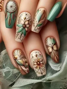 💅 24pcs Colorful Gradient Feather Coffin Press On Nails – High-Gloss Removable Nail Art Set