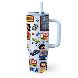 1 Pc 40 Oz Stainless Steel Tumbler, Reusable Portable Thermos, with Handle and Foldable Straw, Cartoon Burger Family Design, Double Wall Vacuum Insulated, Keeps Hot 12H Cold 24H, Mother's Day Birthday Gift for Family Friends, Insulated Travel Drinkware