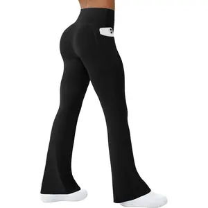 Womens Yoga Pants with Pockets High Waisted Flare Leggings Bell Bottom Yoga Dress Pants Seamless Bootcut Pants