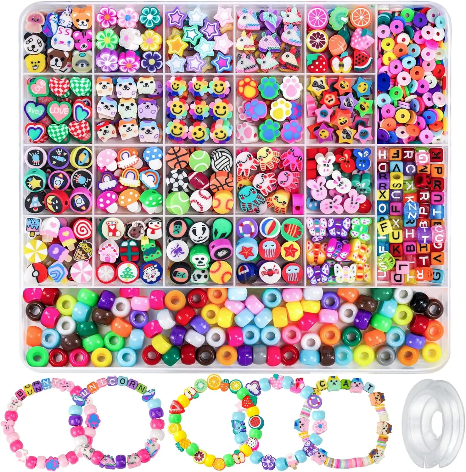 1200 Pcs Polymer Clay Beads Bracelet Making Kit, 25 Style Animal Fruit Flower Butterfly Bunny Pony Letter Beads Charms for Jewelry Making, DIY Art and