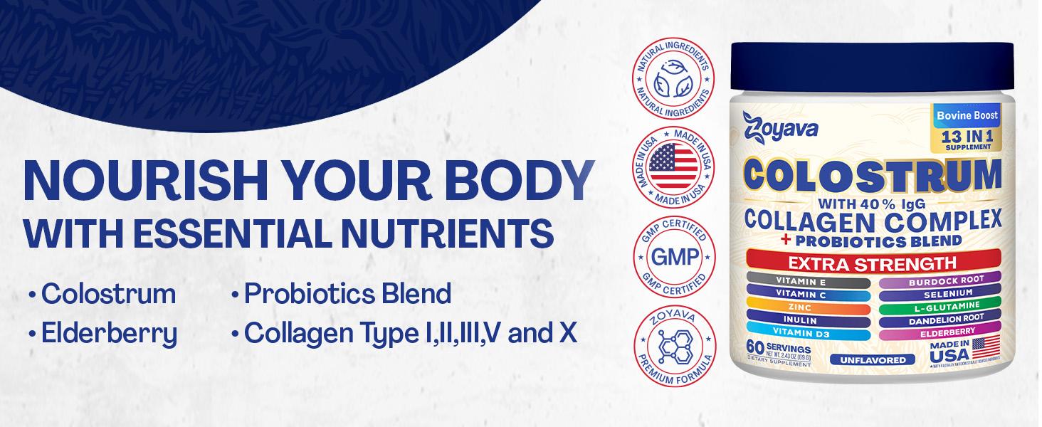 Zoyava Colostrum Powder - UNFLAVORED (2.43 OZ) - 60 Servings of All-in-One Dietary Supplement with Extra Strength Ingredients - Made in USA