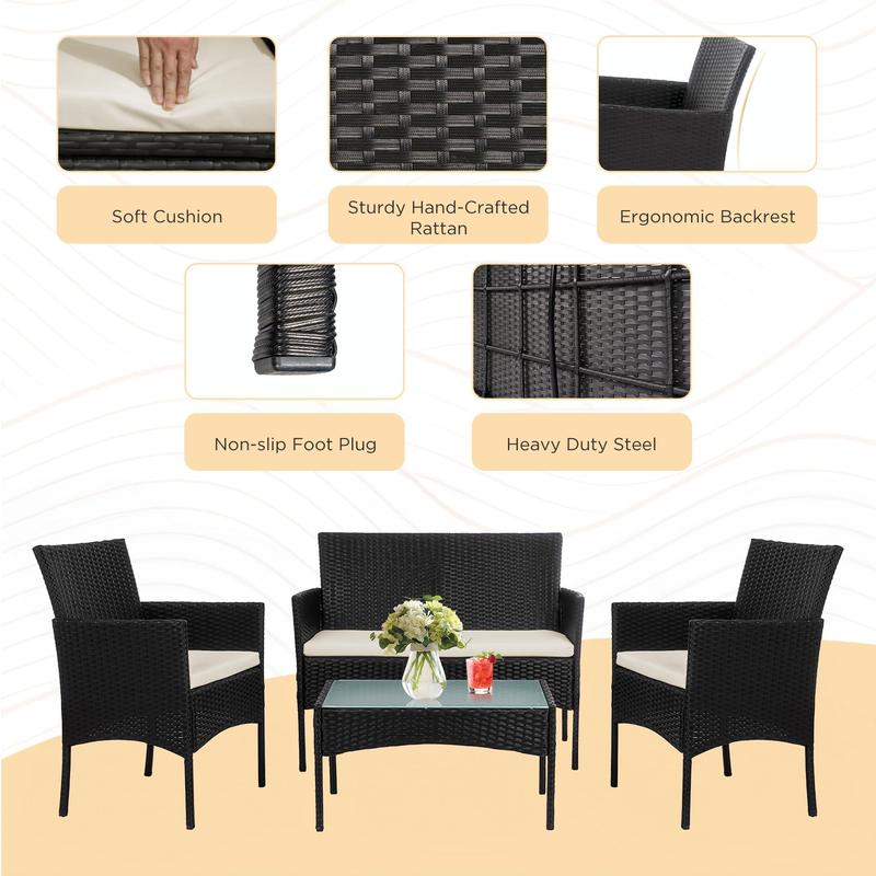 4 Piece Outdoor Wicker Patio Conversation Furniture Set, Rattan Chair Wicker Sofa Garden Conversation Sets with Cushion and Glass Table for Yard Pool or Backyard 4 Piece Outdoor Wicker Patio Conversation Furniture Set, Rattan Chair Wicker Sofa Garden Conversation Sets with Cushion and Glass Table for Yard Pool or Backyard