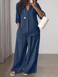 Women's Casual Suit Set, Long Sleeve Split Design, High Waist Loose-Fit Pants, Button Front Top, Ideal for Daily Wear, Womenswear