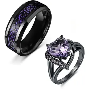 Couple ring/wedding ring sets, anniversary rings for men and women, amethyst and gemstone rings for men and women, set with heart-shaped cubic zirconia and rubies, engagement rings/promise rings.