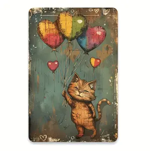 Charming Vintage Cat With Balloon Metal Sign Ideal For Decorative Spaces Like Kitchens Bars Cafes And Garages Easy To Hang Sturdy Iron Material 8X12 Inches