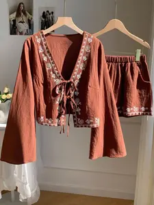 Women's Vacation Style Fashion Comfortable Casual V-Neck Long Sleeve Set, Long Sleeve Shorts Set, Women's, Loose-Fitting, Above the Knee