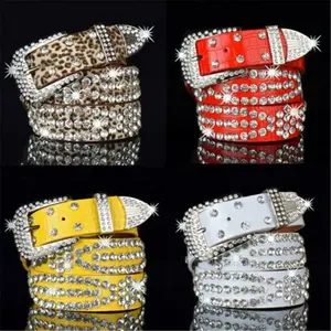 Fashion Leather Belts Men and Women Unisex Rhinestone Luxury Belts Casual Wide Buckle Punk Belts Crystal Bling Jeans Waistband
