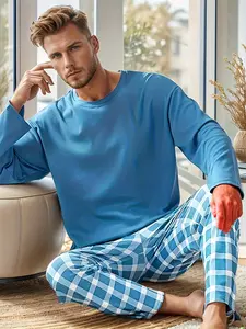 Men's Spring Autumn Winter Sleepwear Set, Casual Printed Long Sleeve Round Neck T-Shirt and Pants, Men's Leisure Clothing Set, Pajama