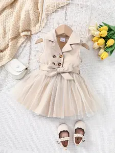 Baby Girl Fashion Casual Mesh Suit Collar Sleeveless Dress, Stylish Infant Clothing, Comfortable and Elegant Design, Bow Dress, Baby Girl Clothes