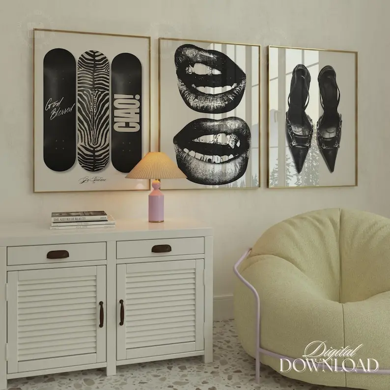 Stockholm Black and White Fashion Wall Art Set of 3 Chic Lips Print, Vintage Heels Poster, Trendy Skateboard Gallery Wall