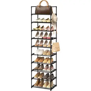 Narrow Shoe Rack 10 Tiers Tall Shoe Rack for Entryway 20 24 Pairs Shoe & Boots Organizer Storage Shelf Durable Black Metal Stackable Shoe Cabinet with Hooks, 17.1D x 11.8W x 78.7H in