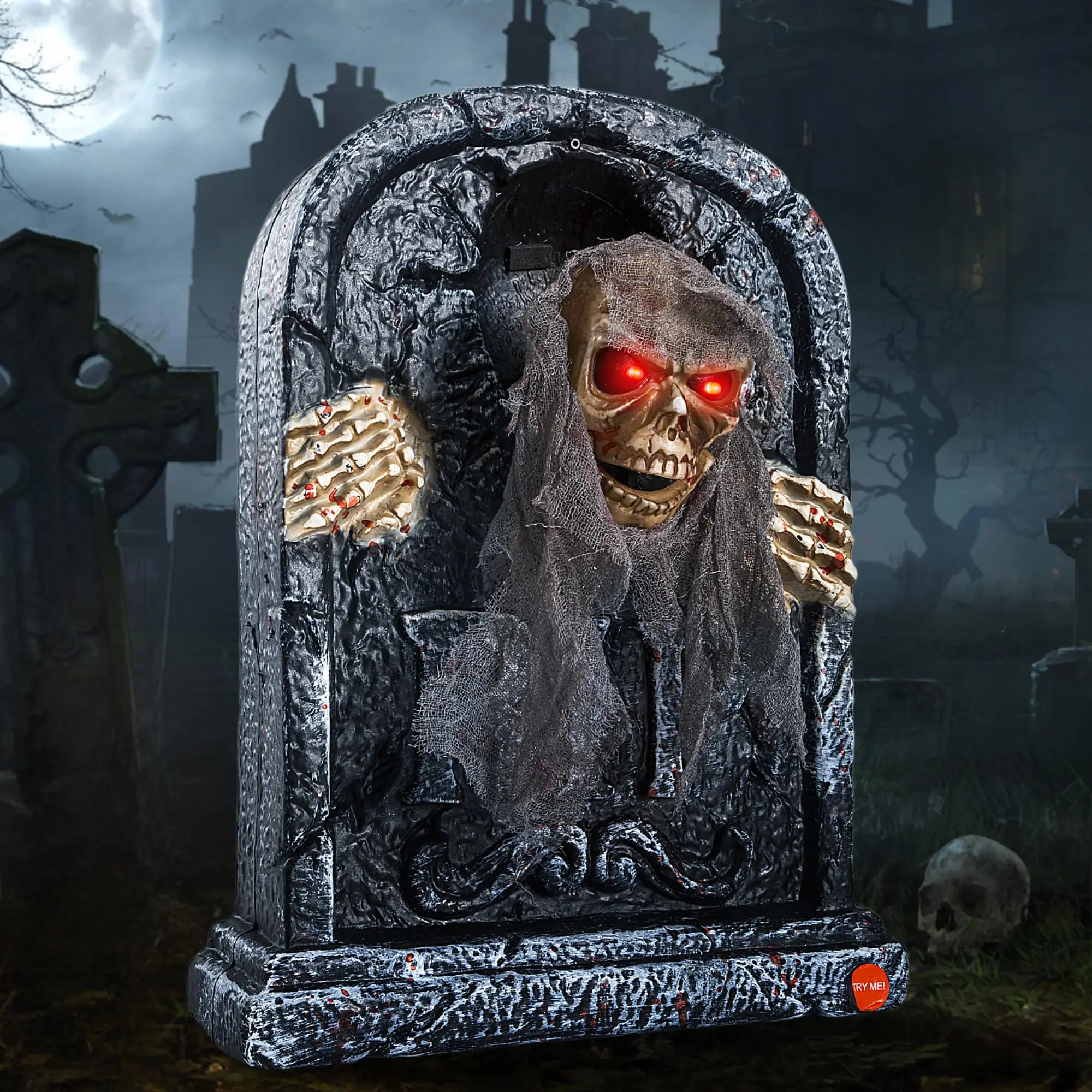 Animated Stone-Look Halloween Tombstone with Moving Skeleton, Sensor-Activated Scary Prop, Creepy Sound, Glowing Red Eyes, Switch-Controlled for Haunted House, Yard Decorations