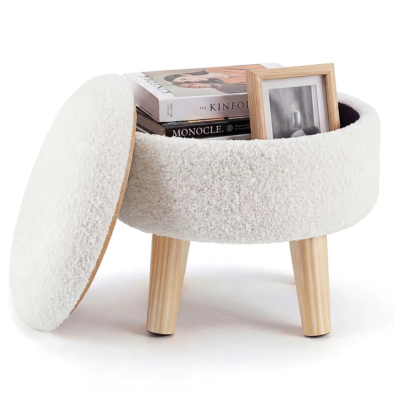 Round Storage Ottoman Footstool, Teddy Fleece Upholstered Stool with Solid Wood Legs, 350LBS Capacity Hidden Storage Foot Stool for Living Room Bedroom Entryway