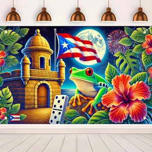 Puerto Rico Carnival Backdrop Tropical Celebration Photography Background, Festival Theme Tapestry Wall Hanging, Premium Polyester Party Banner With Fireworks And Floral Design For Holiday Party, Home Office Decoration Supplies