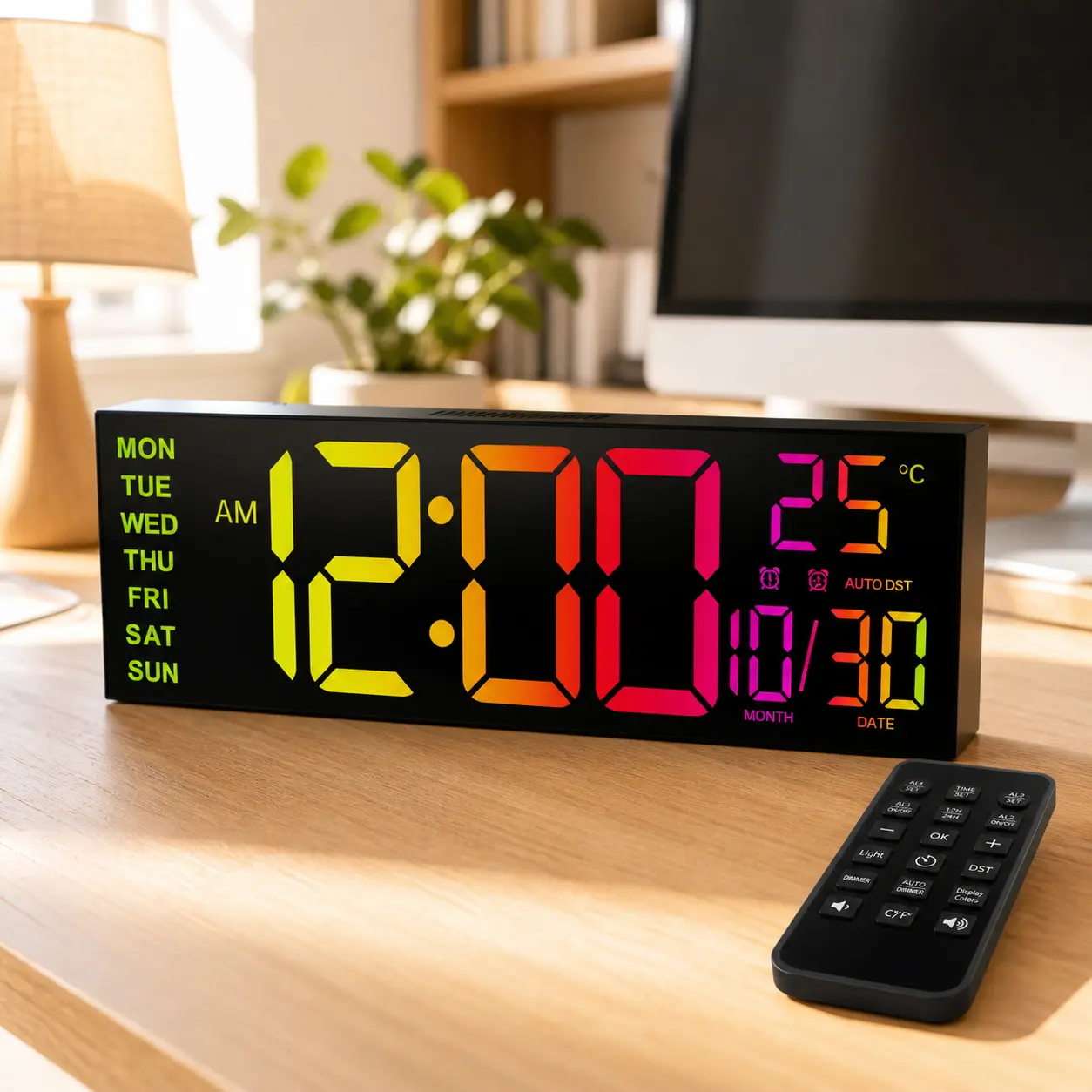 Leike 16-Inch Modern Multifunctional Digital LED Wall Clock - Adjustable Brightness, Customizable Color-Changing Screen, Remote Control, Automatic DST, Night Light, 24/12-Hour Format, Date Display, Outlet-Compatible Home Decor for Living Room, Office