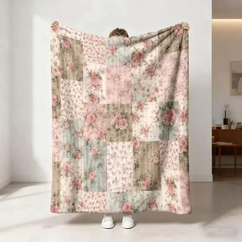 1 piece of retro pink rose patchwork style floral print Flannel Throw Blanket soft and comfortable bed blanket sofa blanket camping and other uses available all year round Stylish Blanket