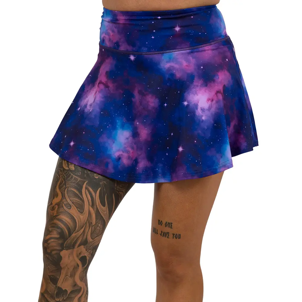 Women's Galaxy Print Active Skirt - High Waisted Tennis Skort with Built-in Shorts, Non-Slip Grip, and Secure Pockets, Active Wear, Sporty Chic, Athletic, Polyester Blend, Blue Purple Skirts