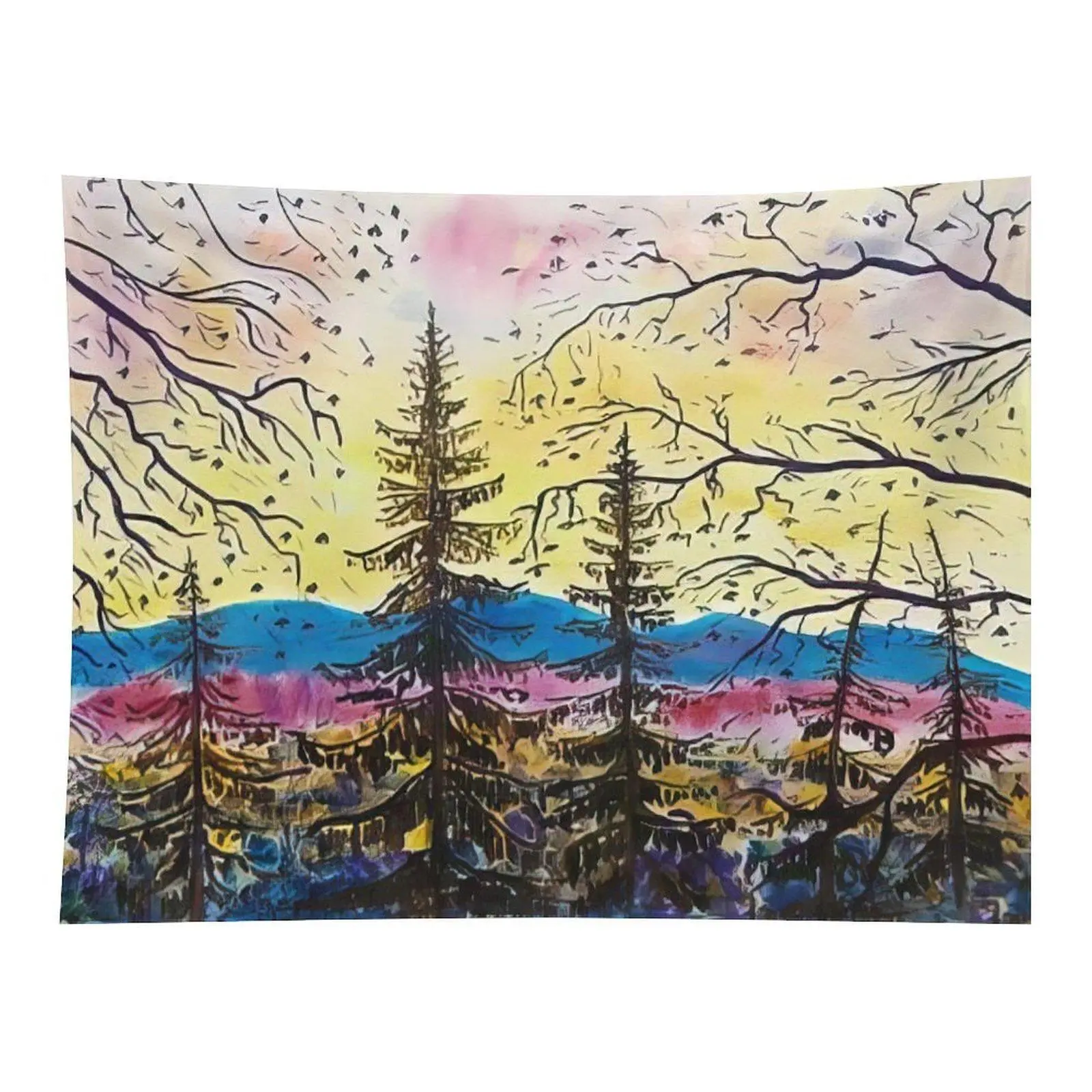 Colorful Mountain Forest Landscape Wall Tapestry Bold Artistic Pine Tree Scenery Nature View Wall Hanging for Bedroom Living Space Decoration
