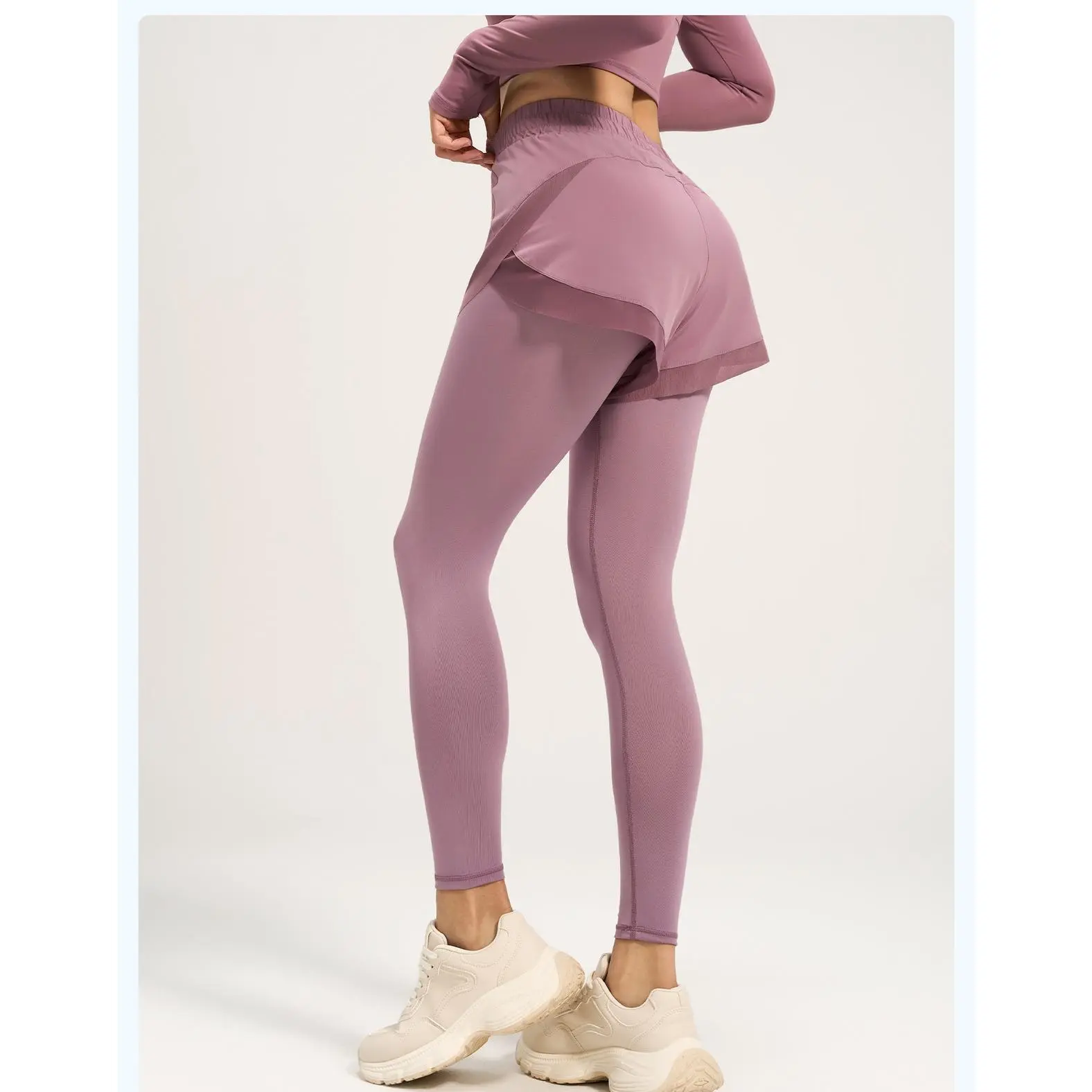 Women Fake 2pcs Mesh Leggings with Pockets High Waist for Cycling Fitness Exercise Yoga Running
