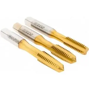 Greenfield Right Hand 3-Piece High-Speed Steel Threading Tap Set - 3/16-16 UNC, 4 Flute, Bottoming Plug & Taper, TiN Finish, 2.9375" OAL, 2 & 3B Fit Class, 174528