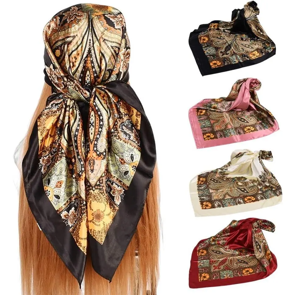 Women's 4Pcs 35" Large Square Satin Head Scarves, Fashion Silk-Like Neck Scarf Shawl, Wristbands, Belts, Hand Wash Only, Do Not Bleach, Chic Ties, Cold Wash, 4 Pcs, Female, Flight Attendant Scarves, 35*35 Inch