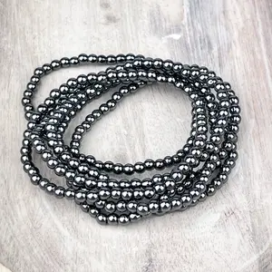 Hematite Beaded Stretch Bracelets – 4mm Grounding Crystal Gemstone Bracelet on Elastic for Protection, Focus & Stability