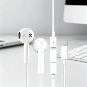 Type-C wired headphones, USB-C interface wired headphones, low latency for gaming, half-ear design for comfortable wearing, voice control with microphone, compatible with Android phones, high-quality earphones.