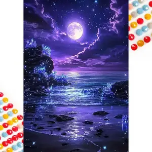 5D DIY Diamond Art Painting Kit, Full Drill Round Diamond Art Set, Night Sea Landscape Mosaic Effect, Canvas DIY Decorative Wall Art, Perfect Gift