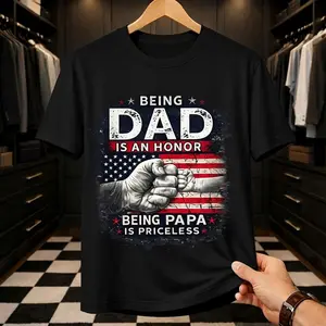 Being Dad Is An Honor Being Papa Is Priceless Graphic Tee | American Flag Fist Bump T-Shirt | Patriotic Father's Day Gift Top for Men | Comfortable Short Sleeve Tee