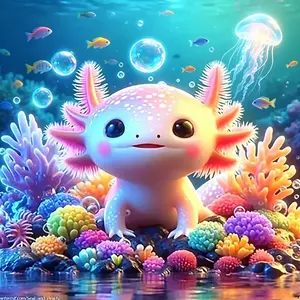 Cute Underwater Coral Axolotl Ocean Scene Diamond Art Kit - 11.8"×11.8"