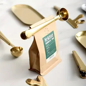 1Pc Nordic Style 2-in-1 Coffee Making Tool Coffee Clip Spoon Golden Stainless Steel Sealing Clip Powder Brew Dose Spoon Home Supplies Kitchen Utensils Reusable Coffee Tools Coffee Equipment
