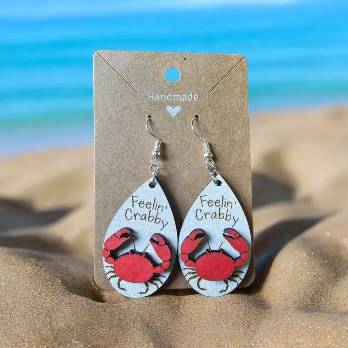 65) Wooden "Feeling Crabby" Earrings