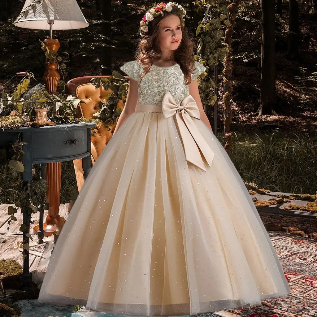 Embroidery Dress for Kids Girls Vintage Birthday Party Formal Prom Gown Luxury Elegant Lace Princess Dress for Teenage Girls Pageant Dress