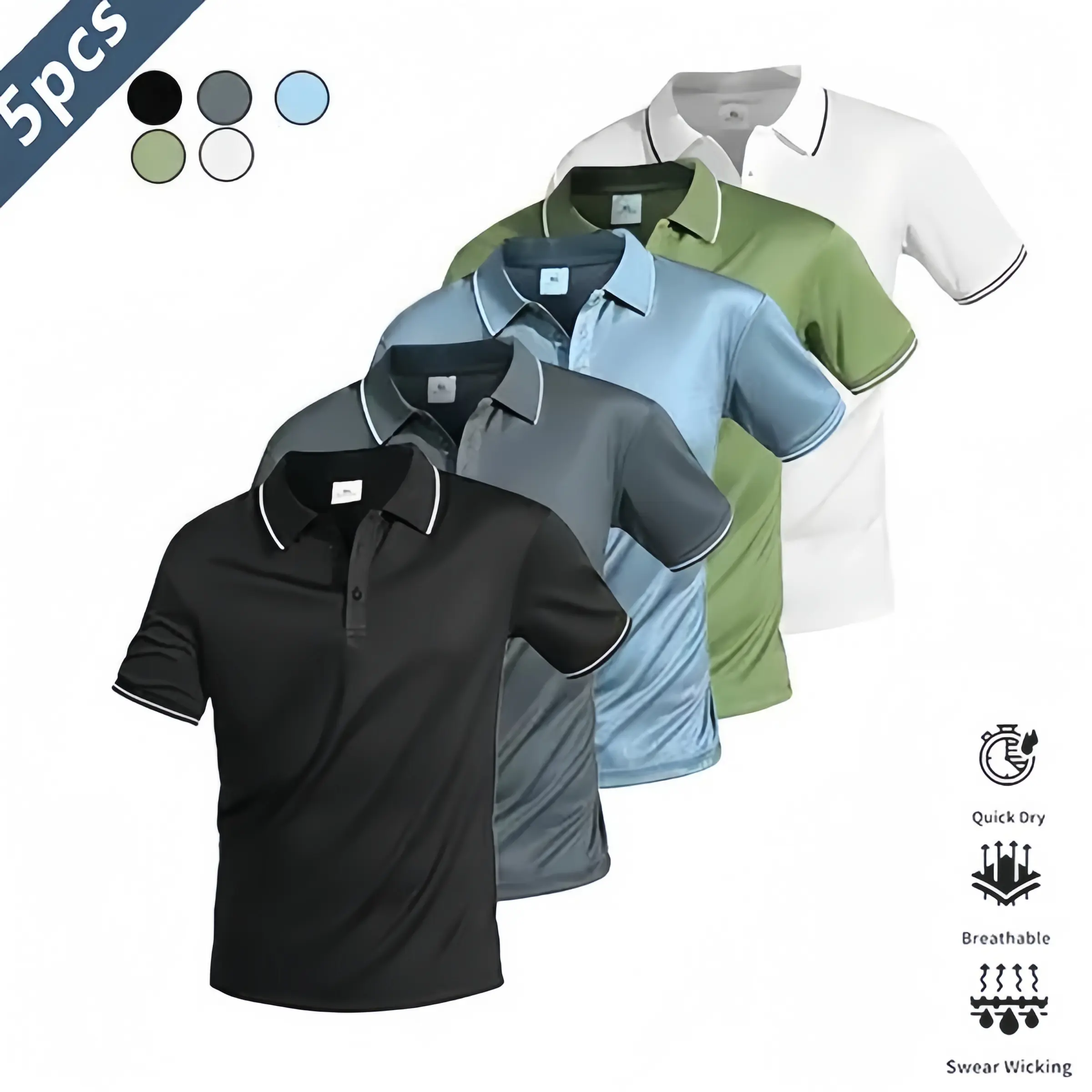 Five-piece set featuring a casual men’s short-sleeve polo shirt; quick-dry golf and tennis shirts; comfortable riding apparel; fashionable men’s sportswear; suitable for casual gatherings, holidays, and travel; Breathable Athletics, Athletic Fashion Activ
