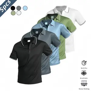 Five-piece set featuring a casual men’s short-sleeve polo shirt; quick-dry golf and tennis shirts; comfortable riding apparel; fashionable men’s sportswear; suitable for casual gatherings, holidays, and travel; contrast design at t neckline graphic shirt