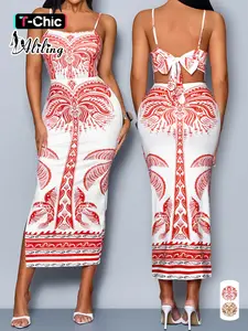 Aliling Elegant Sexy Women's Sleeveless Long Dress, Backless Bow Design, Split Thigh, Slim-Fitting, Breathable, All Seasons, Print Pattern, Womenswear