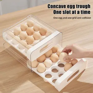 Concave Egg Trough Double Drawer 32-Egg Capacity Stackable Egg Storage Container Holder for Refrigerator Smooth Slideout Drawers BPA-free Beige