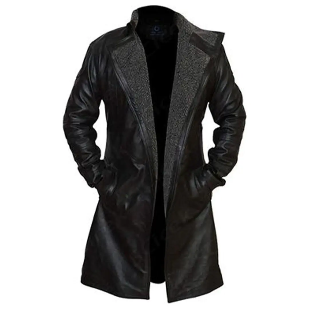 Men's Black Genuine Sheepskin Shearling Coat with Fur Collar, Long Winter Leather Overcoat, Warm Classic Button Front Jacket