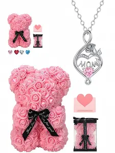 Confession to Mom Fade-resistant luxury gem Flower Pendant Necklace with eternal love rose and MOM design.Comes with a preserved rose and teddy bear gift box, a thoughtful mysterious gift for birthdays, Valentine's Day, Mother's Day and Christmas.